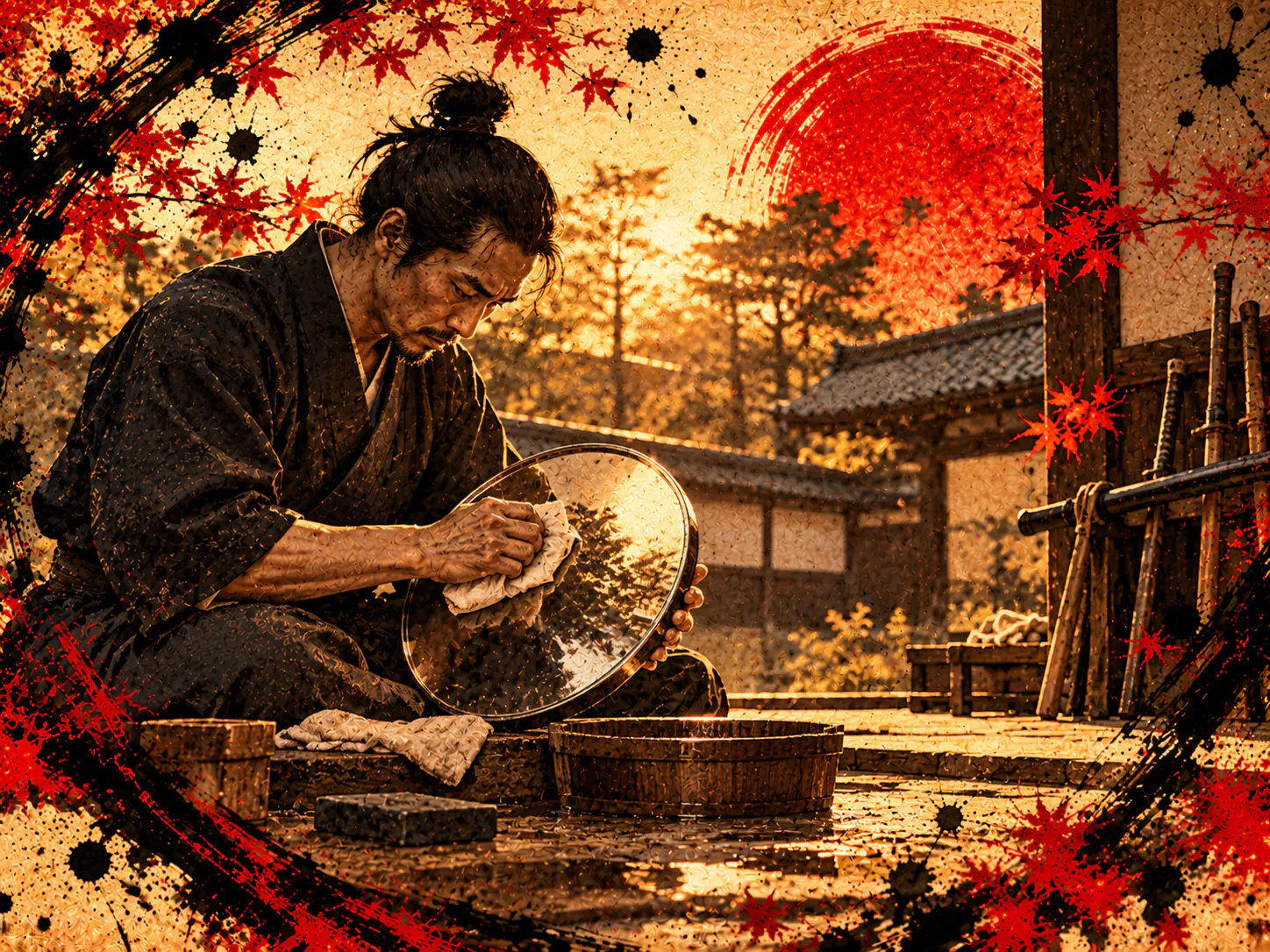 A Japanese craftsman carefully polishes a reflective surface at sunset.