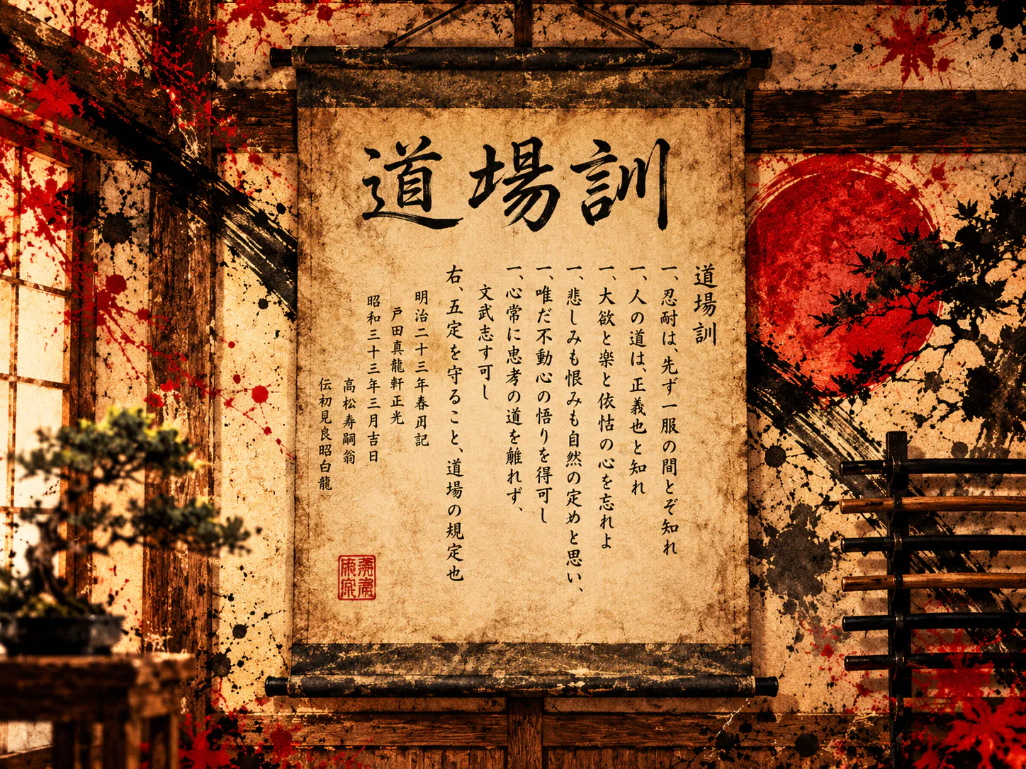 An aged Japanese dōjō-kun calligraphy scroll displayed in an ink-wash dojo.