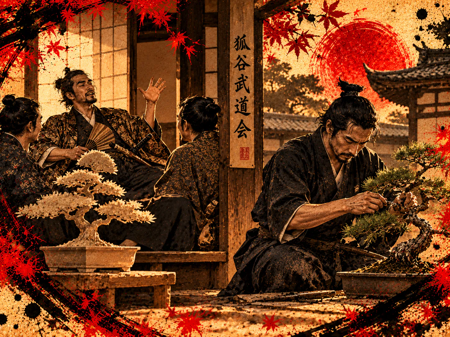 A disciplined craftsman tends a bonsai while another man boasts to an audience nearby.