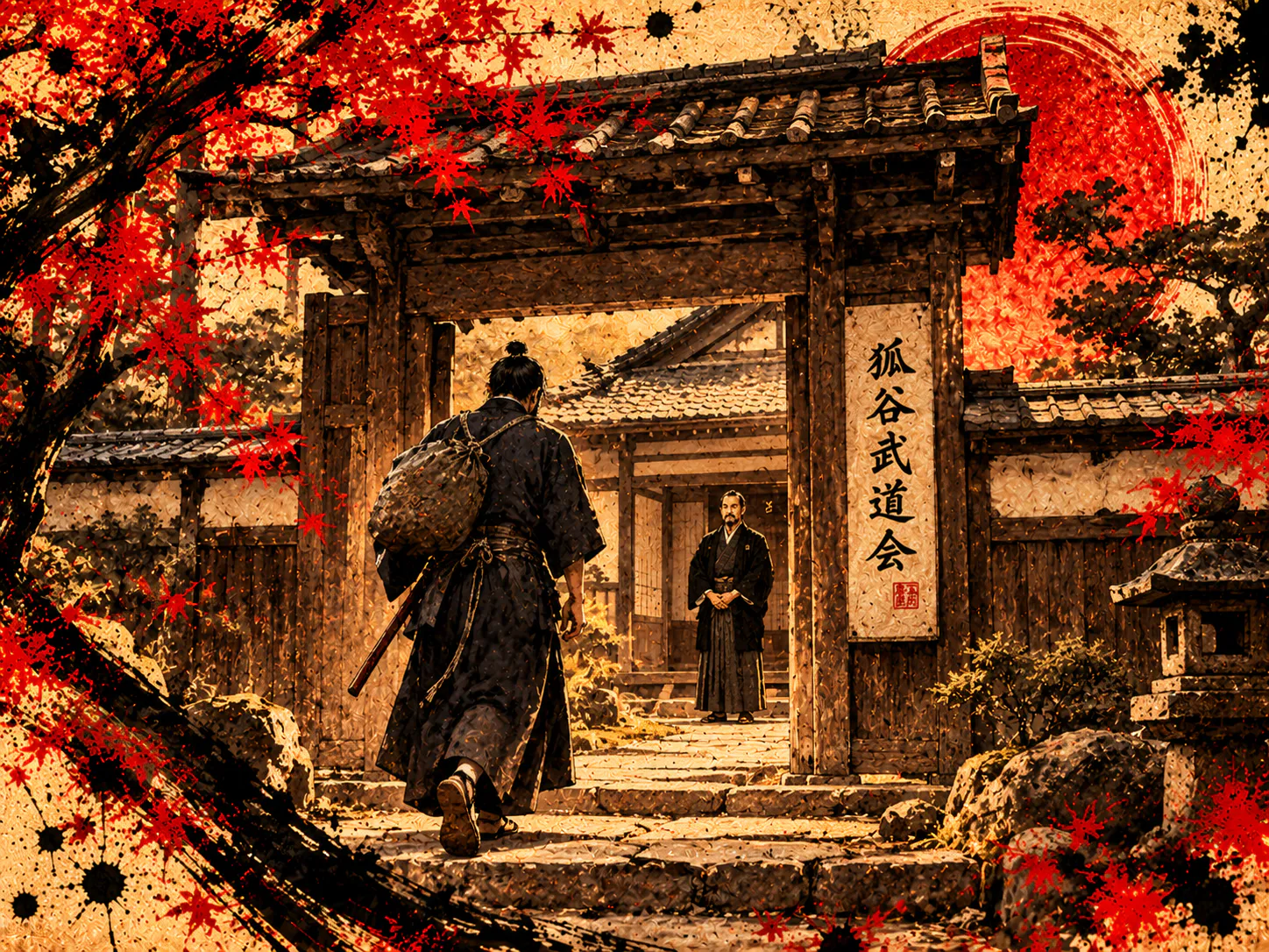 A martial arts student approaches a teacher through a traditional dojo gate in autumn.