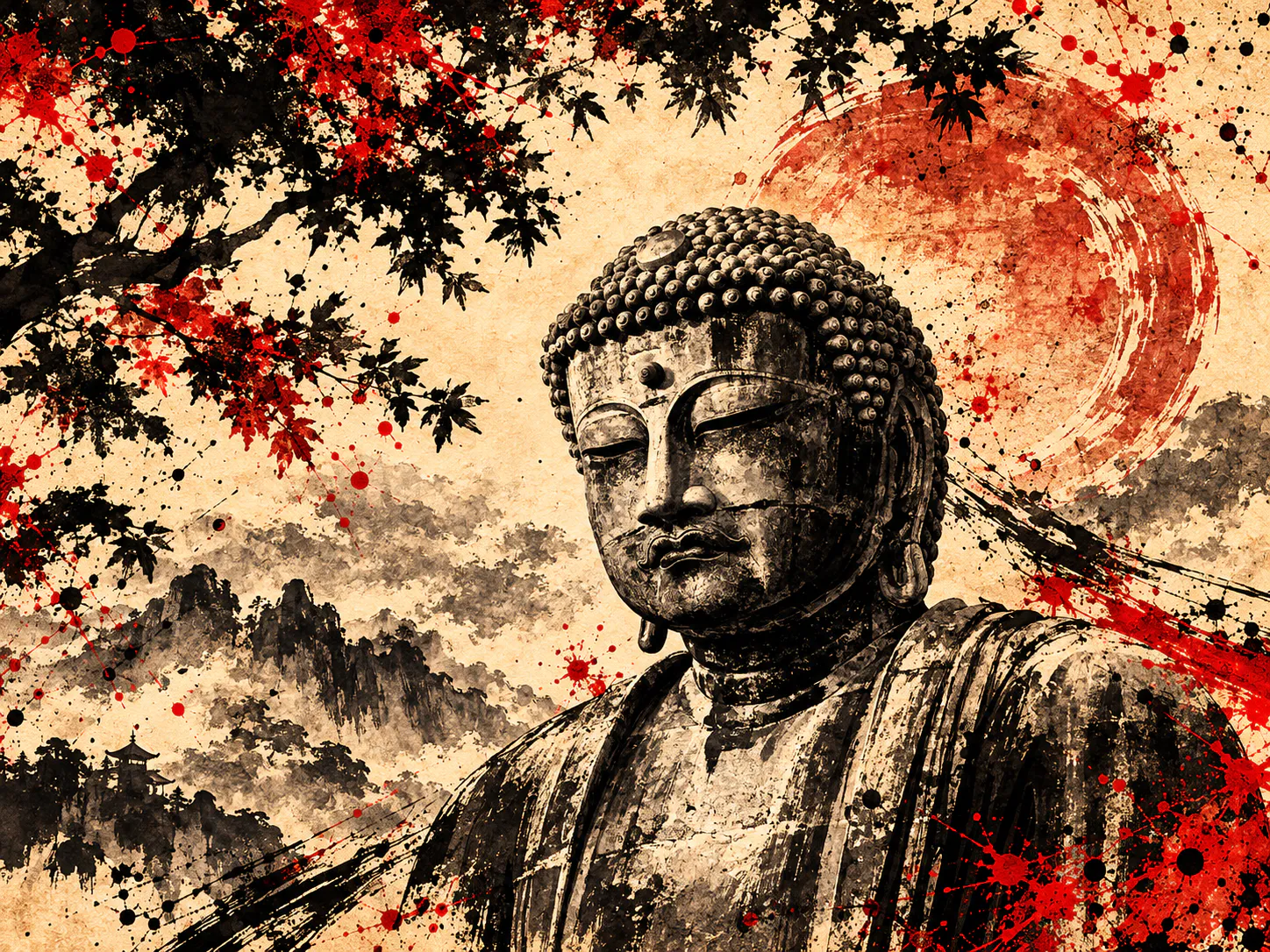 A weathered Buddha statue beneath autumn leaves in a crimson sumi-e landscape.