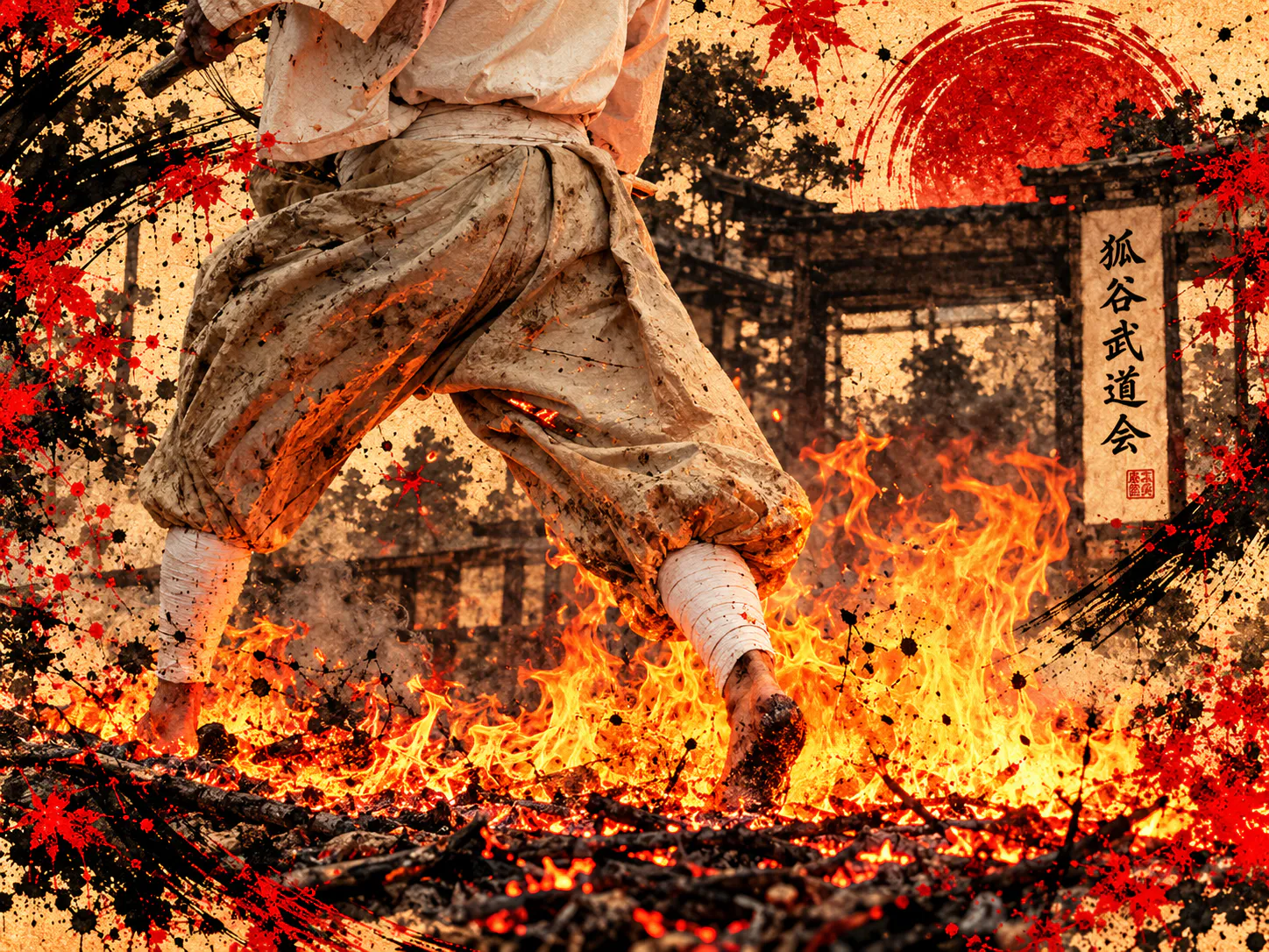 A martial artist walks across burning coals in a dramatic ink-wash scene.