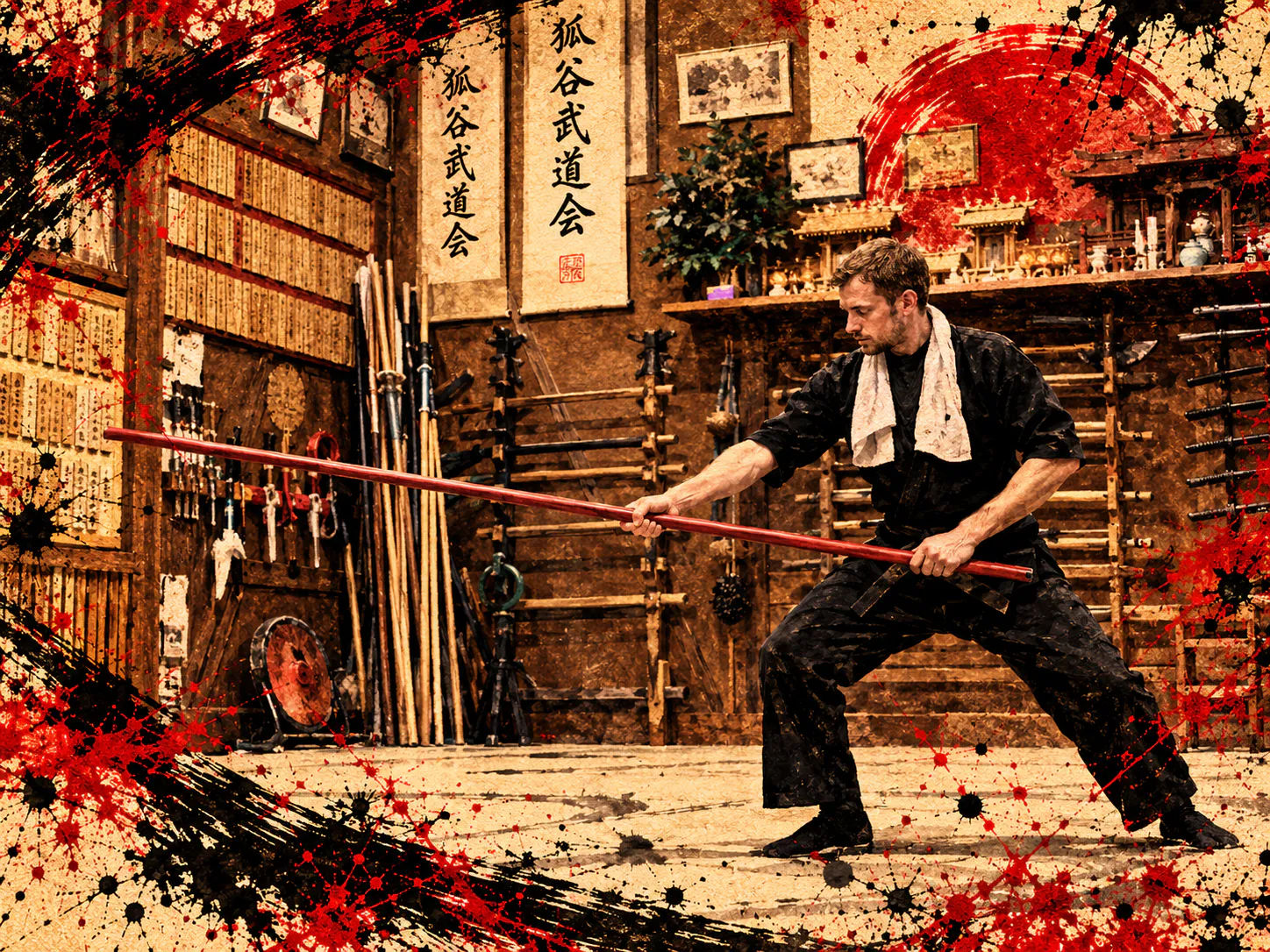 A martial artist practices staff technique in an ink-wash dojo beneath a red sun.