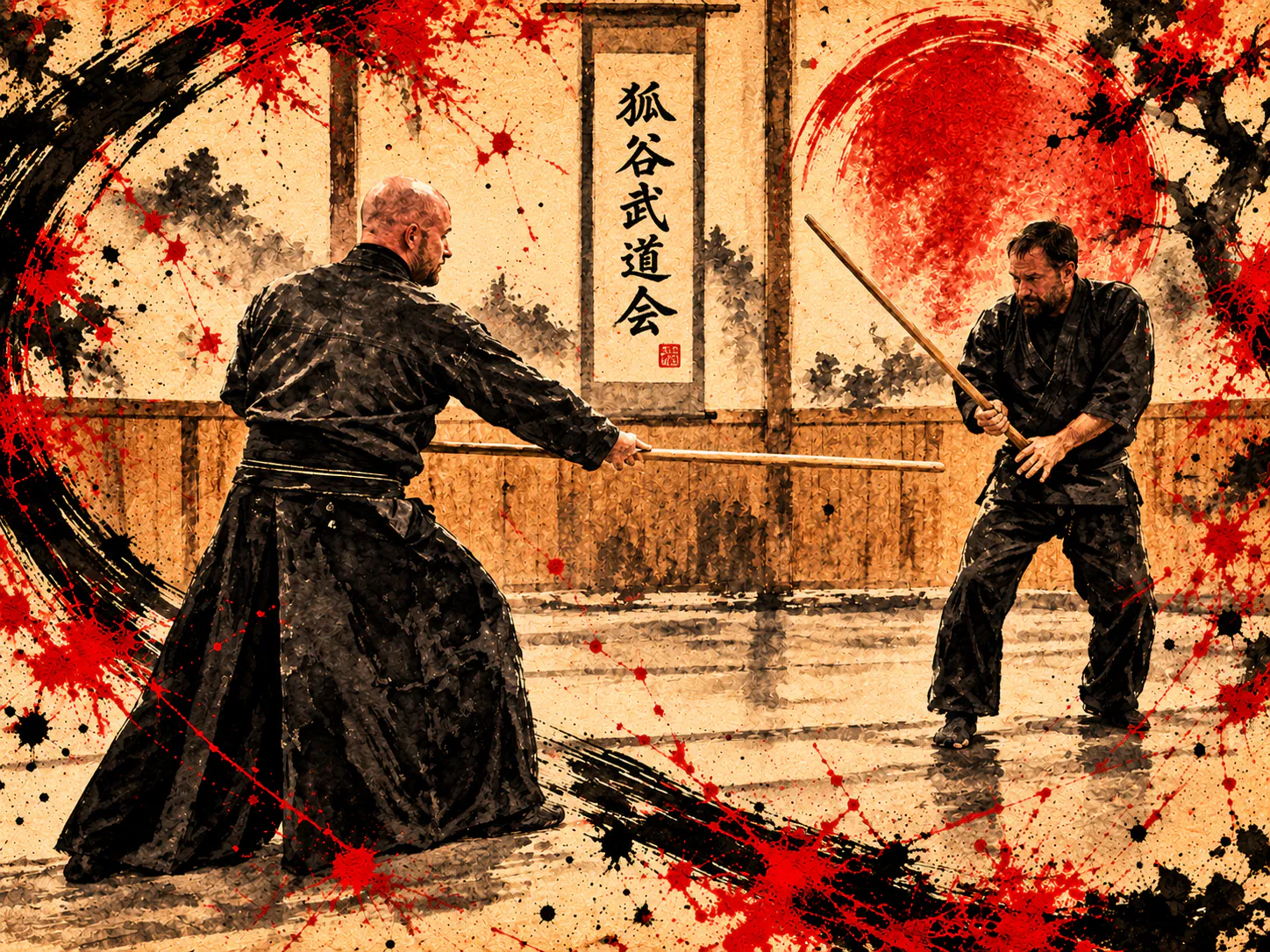 Two martial artists practice paired weapons kata in an ink-wash dojo.
