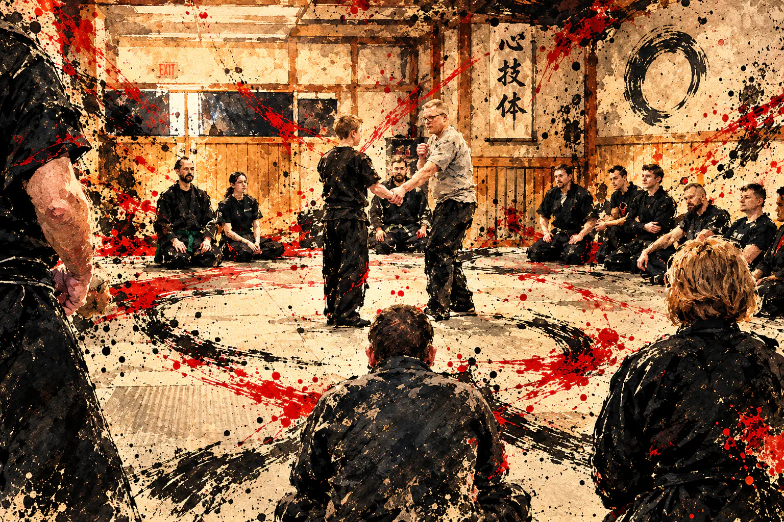 An instructor demonstrates a technique with a beginner while seated students observe in an ink-wash dojo.