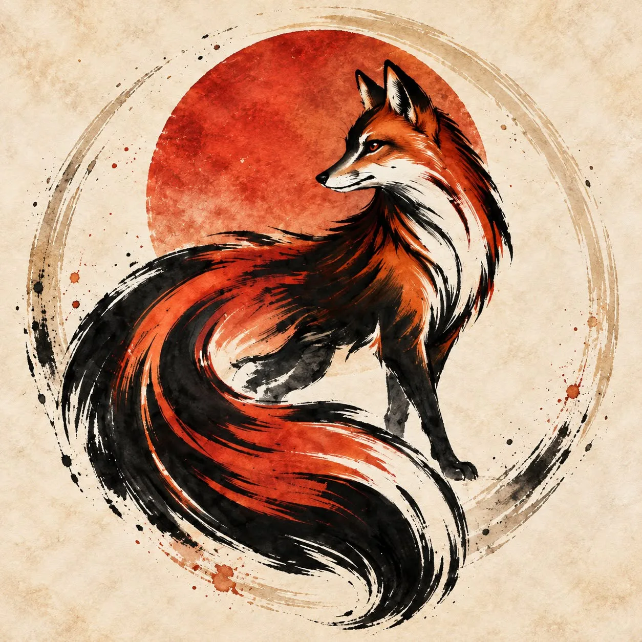 Watercolor fox framed by a red sun and circular ink brushwork.