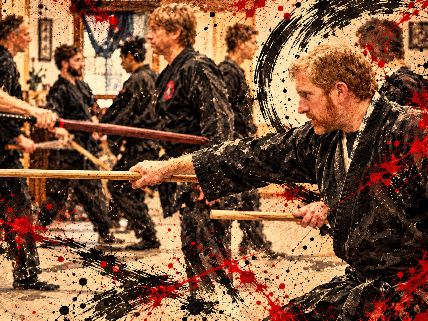 Martial arts students practice staff techniques together during class.