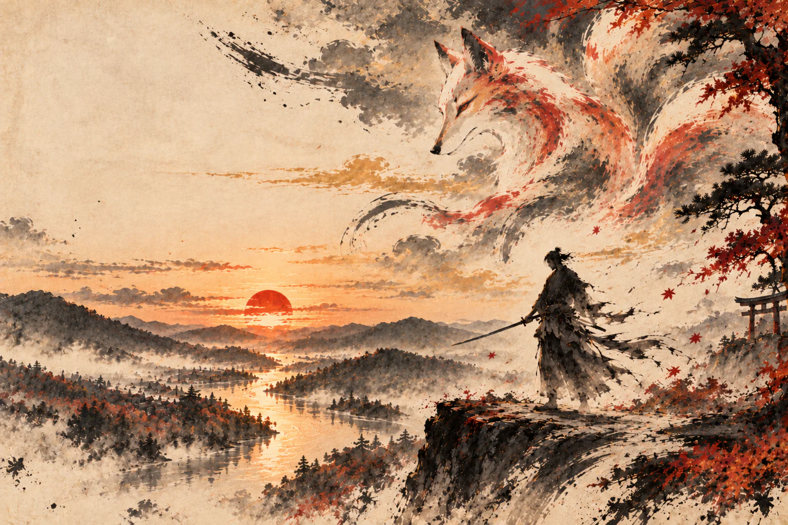 An ink-wash swordsman overlooks a sunset river valley beneath a sweeping fox spirit.