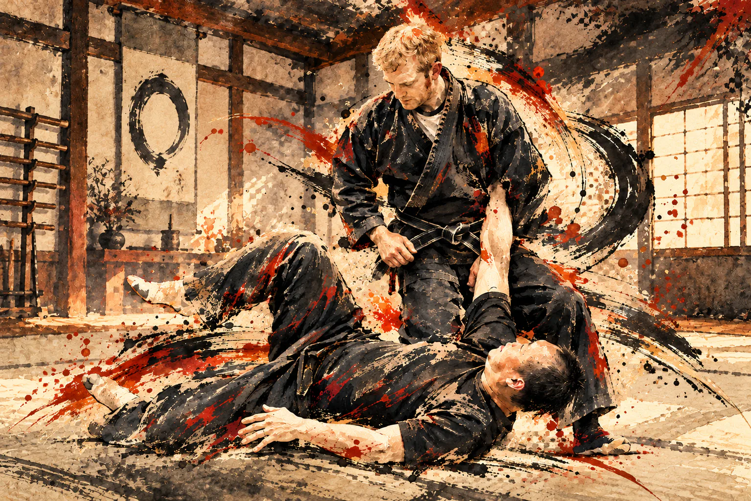 Two martial artists practice a controlled grappling technique in an ink-wash dojo.