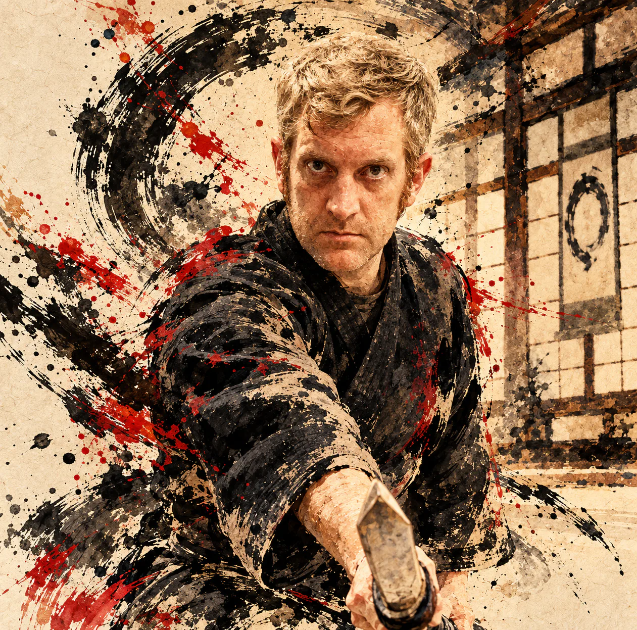 Ink-wash portrait of the Fox Valley Budō Kai instructor in a martial arts stance.