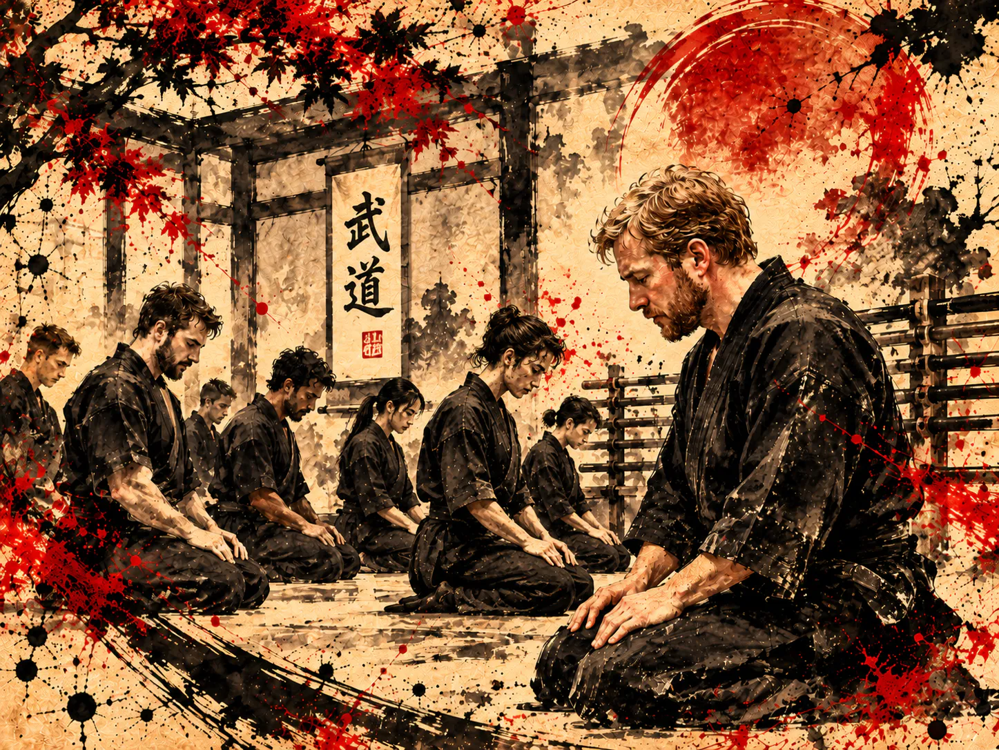 Martial artists kneel in formal practice inside an ink-wash dojo.