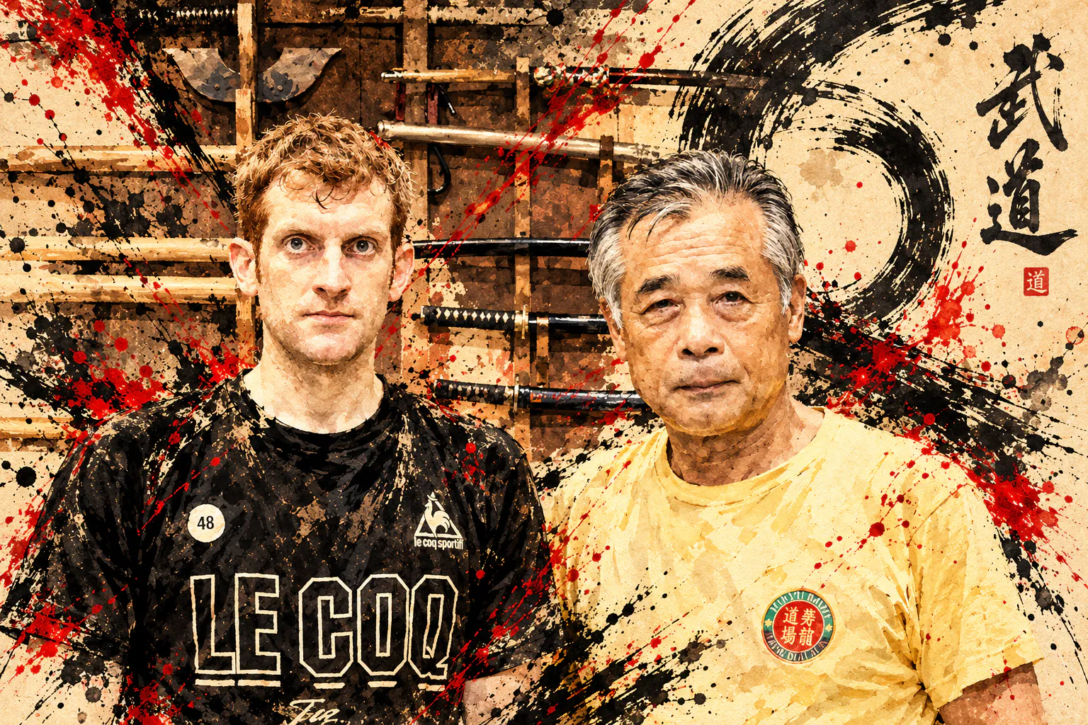 Ink-wash portrait of two martial artists standing in a dojo lined with training weapons.